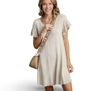 Umgee Linen Blend Oatmeal Boho Fringe Dress Size Medium